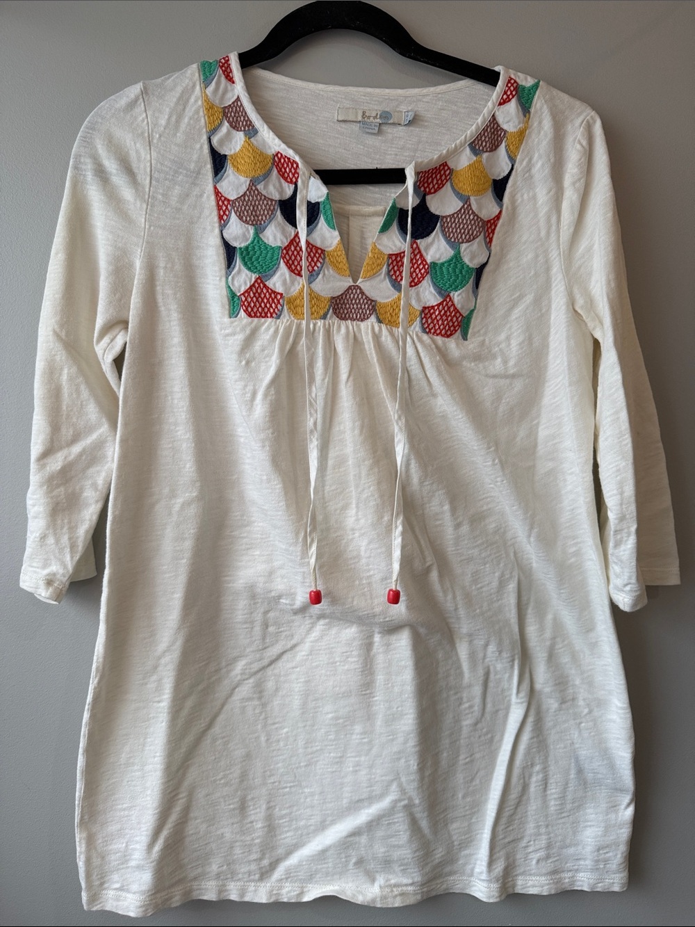 Boden Cream Tunic Top with Multicolor Embroidered Yoke 3/4 sleeve cotton 6